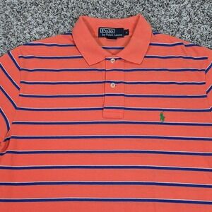 Polo Ralph Lauren Mens Small Orange Blue Striped Short Sleeve Pique Polo Shirt